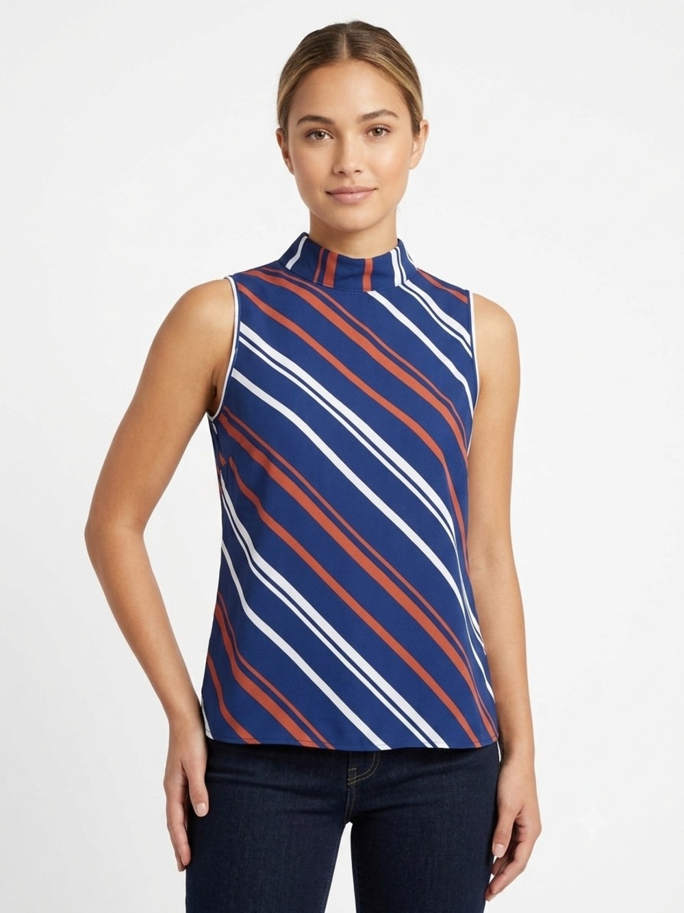Faith and Joy Sleeveless Mock Neck Stripe Top No Stretch